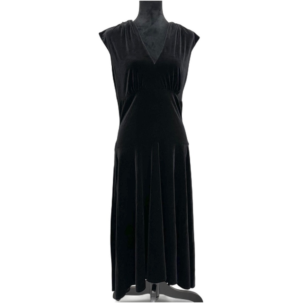 Y2K Mirage Black Velvet V-Neck Maxi‎ Dress Chic Holidays Stretchy Women's 12